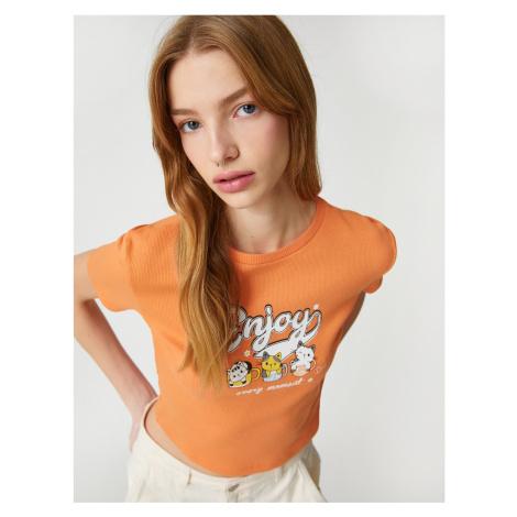 Koton Crop T-Shirt Printed Cotton Crew Neck Short Sleeve