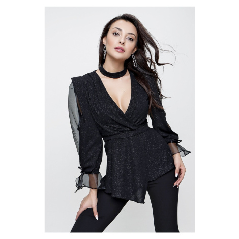 By Saygı Double Breasted Neck Sleeves Semi Organza Lined Glitter Blouse