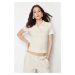 Trendyol Beige Polo Neck Buttoned Short Sleeve Stretchy Ribbed Knitted Blouse