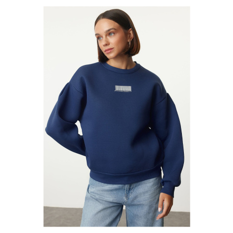 Trendyol Indigo Thick Inside Fleece Minimal Printed Balloon Sleeve Knitted Sweatshirt