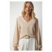 Happiness İstanbul Women's Beige V-Neck Crepe Blouse