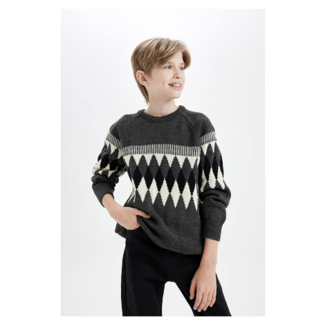 DEFACTO Boy's Crew Neck Diamond Patterned Knitwear Sweater