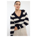 Trendyol Navy Blue Crop V Neck Striped Knitwear Sweater