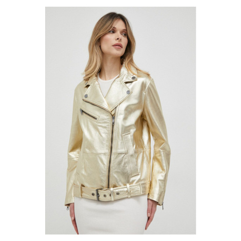 Kožená bunda BOSS dámska, zlatá farba, prechodná, oversize Hugo Boss