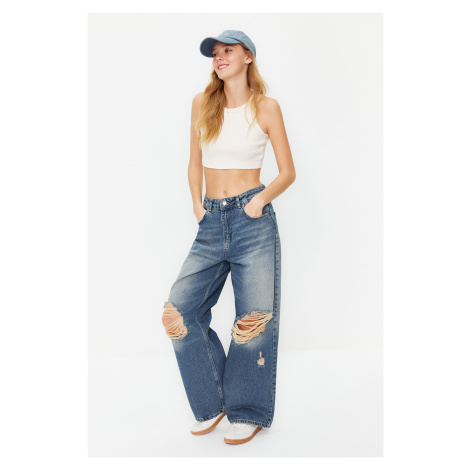 Trendyol Blue Pale Effect Vintage Ripped High Waist Wide Leg Jeans