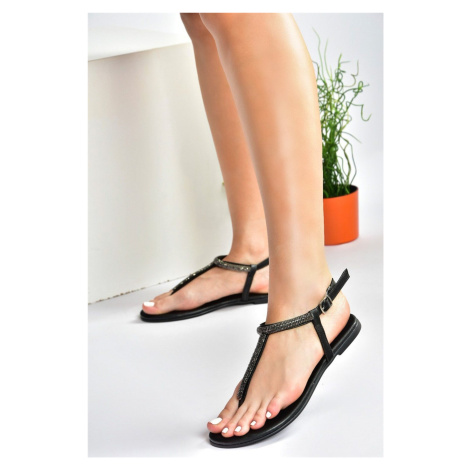 Fox Shoes Black Stone Detailed Flip-Flops Sandals