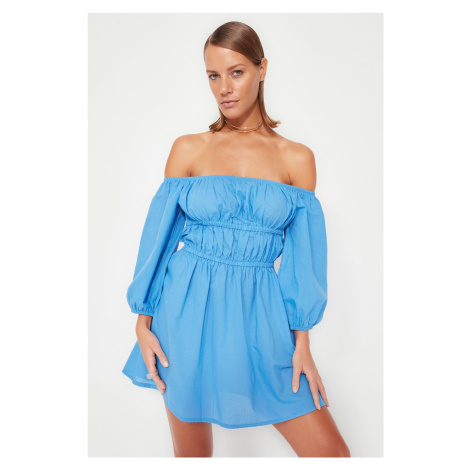Trendyol modrá mini väzba plisované plážové šaty zo 100% bavlny