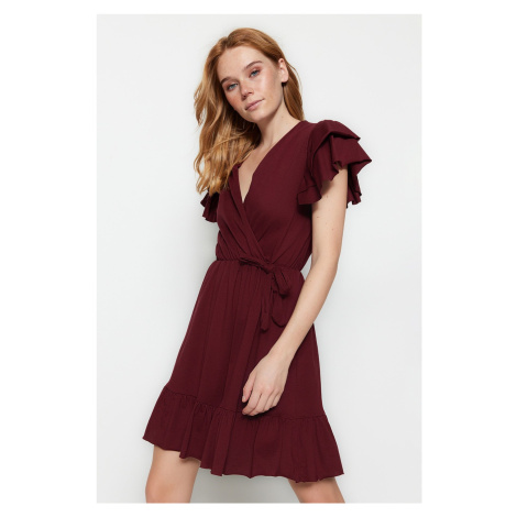 Trendyol Claret Red 100% bavlnená volánik detailné dvojradové mini pletené šaty s volánovým deta