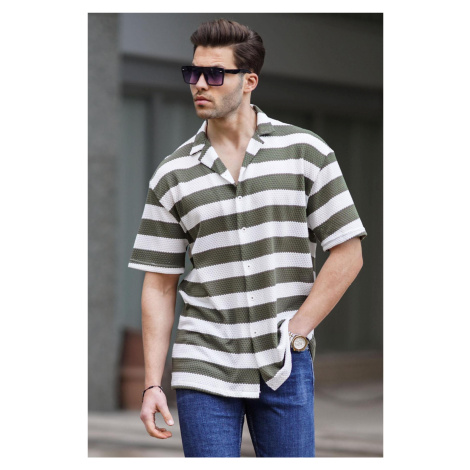 Madmext Khaki Striped Men's Short Sleeve Shirt 6730