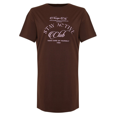 Trendyol Curve Brown Slogan Printed 100% Cotton Knitted T-shirt Dress