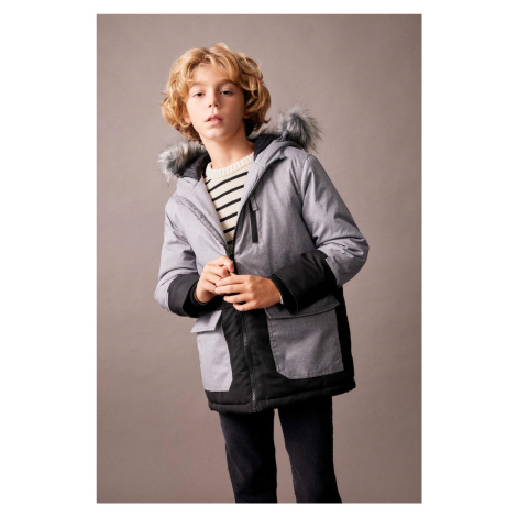 DEFACTO Boy Water Repellent Detachable Fur Hooded Plush Lining Coat Jacket