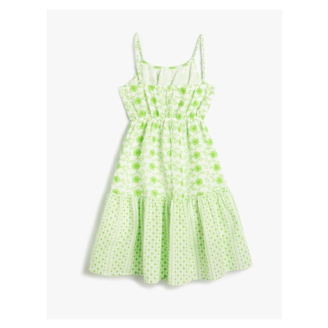 Koton Girl's Dress with Flowers and Thin Straps Lined, Ruffled Gathered Waist.