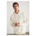 GRIMELANGE Claude Men's Hooded Print Detail Stone Color Sweatshirt with Kangaroo Pocke