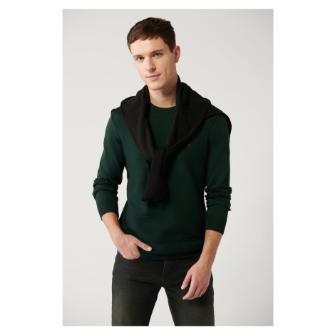 Avva Men's Green Knitwear Sweater Crew Neck Front Textured Cotton Regular Fit