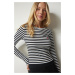 Happiness İstanbul Women's Black and White Embroidery Striped Ribbed Knit Crop Top