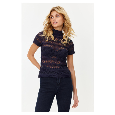 Trendyol Navy Blue Lace Regular/Regular Fit High Neck Knitted Blouse