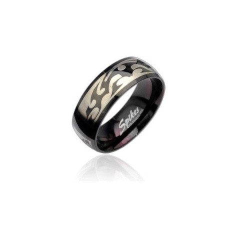 Čierny oceľový prsteň so vzorom Tribal v striebornej farbe - Veľkosť: 67 mm