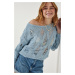 Happiness İstanbul Women's Sky Blue Boat Neck Seasonal Openwork Knitwear Sweater