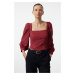 Trendyol Claret Red Balloon Sleeve Square Collar Woven Blouse