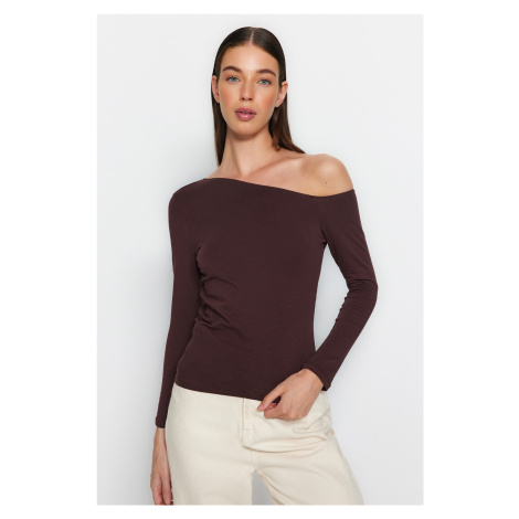 Trendyol Brown Boat Neck Open Shoulder Gathered Fitted/Situated Cotton Stretch Knit Blouse