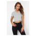 Trendyol Gray Melange 100% Cotton V Neck Detailed Fitted Crop Flexible Knitted T-Shirt