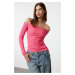 Trendyol Pink Carmen Collar Regular Length Fitted Ribbed Stretchy Knitted Blouse