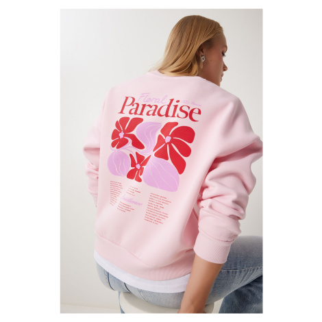 Happiness İstanbul Women's Pink Printed Raised Knitted Sweatshirt