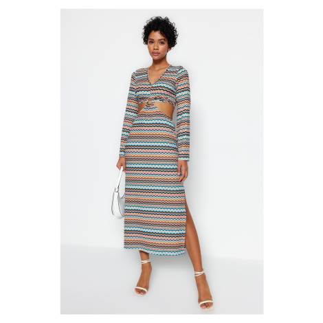 Trendyol Multi Color Cut Out Detail Printed Stretch Midi Knitted Dress