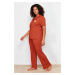 Trendyol Curve Cinnamon Embroidered Shirt Collar Knitted Pajamas Set