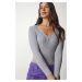 Happiness İstanbul Women's Gray V-Neck Ribbed Basic Blouse