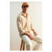 Trendyol Limited Edition Camel Regular Fit Striped Linen Textured Shirt