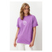 Trendyol Purple 100% Cotton Printed Washed Oversize/Wide Fit Crew Neck Knitted T-Shirt