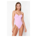 Trendyol Pink V-Neck Tie-Up Premium Fabric Regular Swimsuit