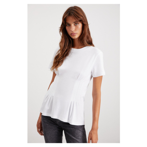 GRIMELANGE Jessia Women&#39;s Crew Neck 100% Cotton Corset Detailed White T-shirt