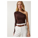 Happiness İstanbul Women's Brown One-Shoulder Gathered Detailed Knitted Blouse