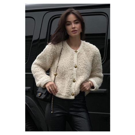 Madmext Beige Buttoned Boucle Knitwear Cardigan