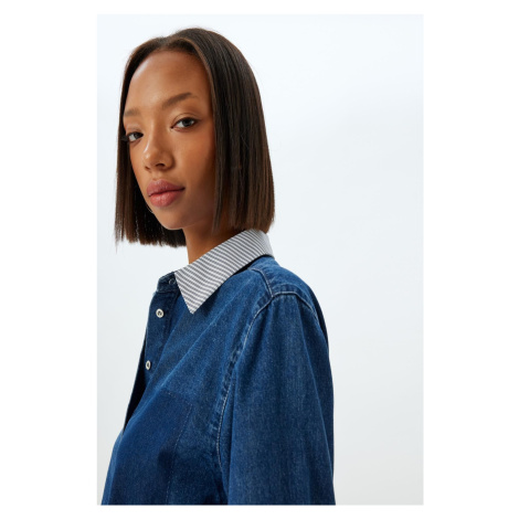 Koton Denim Shirt Crop Long Sleeve Classic Collar Pocket Detail Button Up