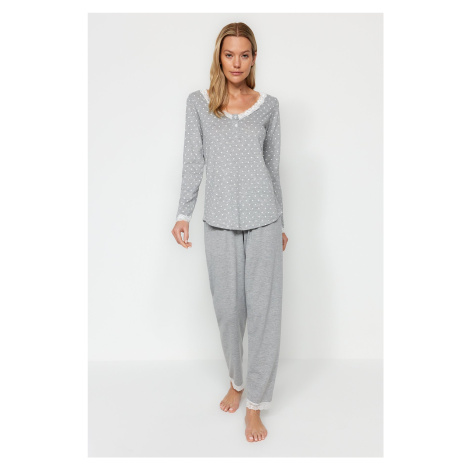 Trendyol Gray Polka Dot Lace T-shirt-Pants Knitted Pajama Set