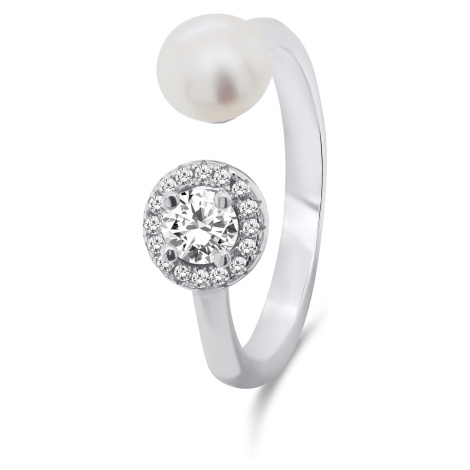 Brilio Silver Nádherný strieborný prsteň s pravou perlou a zirkónmi RI062W 58 mm