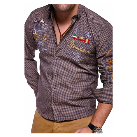 Pánska kockovaná košeľa Slim Fit VNT RH-446 - Hnedá
