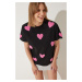 Happiness İstanbul Women's Black Textured Heart Oversize Knitted T-Shirt