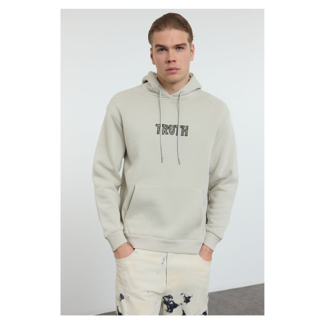 Trendyol Stone Oversize/Wide Cut Text Embroidered Hooded Fleece Inside/Warm Sweatshirt