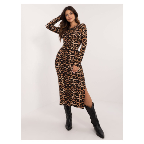 LEOPARDIE MIDI ŠATY DLHÝM RUKÁVOM A ROZPARKOM LK-SK-509792-1.93-BLACK-BEIGE