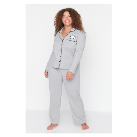 Trendyol Curve Gray Melange Shirt Collar Panda Printed Knitted Pajama Set