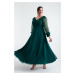 Lafaba Women's Plus Size Emerald Green Sleeves Beaded Midi Evening Dress