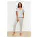 Trendyol Gray Cotton Cat Printed Sleeve Flounce Detail T-shirt-Pants Knitted Pajamas Set
