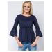 Blouse with frills and lace-up neckline navy blue