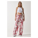 Happiness İstanbul Women's White Pink Patterned Flowing Viscose Palazzo Trousers