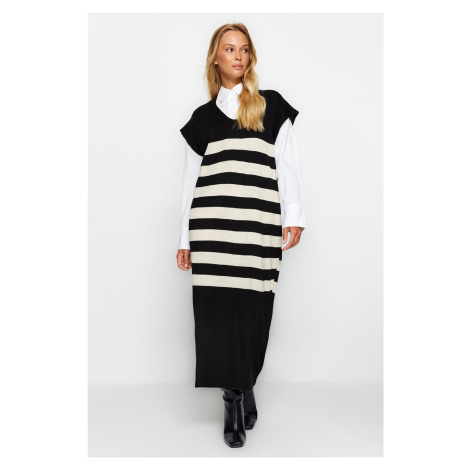 Trendyol Black V Neck Striped Knitwear Sweater Dress