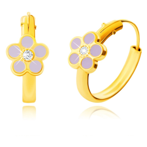 Zlaté náušničky - 14K zlato kruhy, fialový kvet s okrúhlym čírym zirkónom, 12 mm